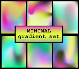 Wall Mural - Vector illustration presents a minimal gradient set with six soft, colorful backgrounds on a black frame. Featuring smooth blends of pink, purple, green, yellow, and blue, the style is abstract.