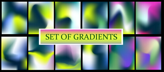 Wall Mural - Vector illustration presents a minimal gradient set with six soft, colorful backgrounds on a black frame. Featuring smooth blends of pink, purple, green, yellow, and blue, the style is abstract.