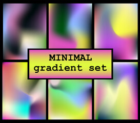 Wall Mural - Vector illustration presents a minimal gradient set with six soft, colorful backgrounds on a black frame. Featuring smooth blends of pink, purple, green, yellow, and blue, the style is abstract.