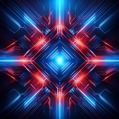 Wall Mural - A symmetrical, futuristic digital art piece exhibits a vibrant interplay of red and blue lines. A central light core radiates, suggesting technological brilliance and a sense of depth. Geometric shape