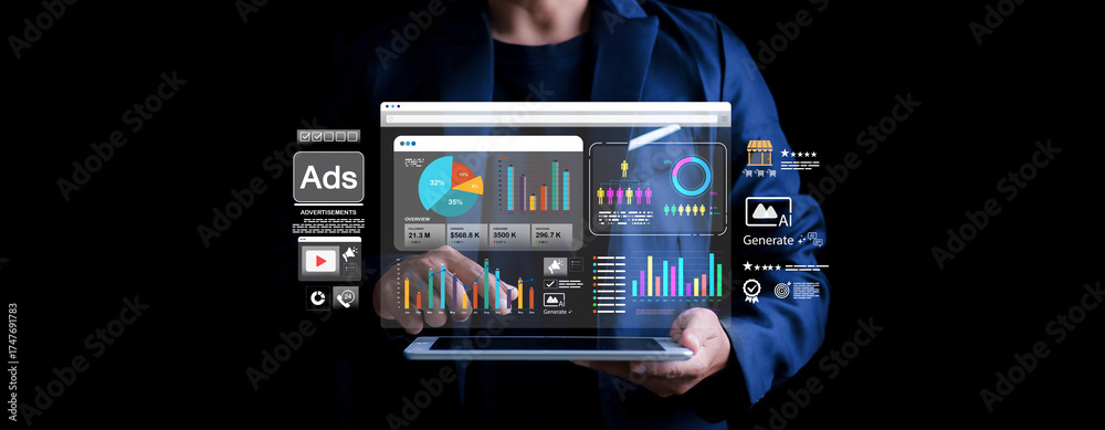Businessman using tablet with digital marketing analytics dashboard, AI ...