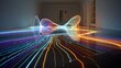 © Honey - Dynamic light trails flow across a modern, empty room, creating an energetic, abstract visual experience perfect for technology and design concepts.