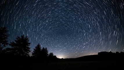 Wall Mural - A breathtaking timelapse of a rotating starry night sky above a dark, silhouetted countryside landscape time, majestic, universe