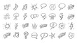 © MdMohiuddin - Collection of hand drawn doodle icons featuring music notes hearts lightning bolts and speech bubbles