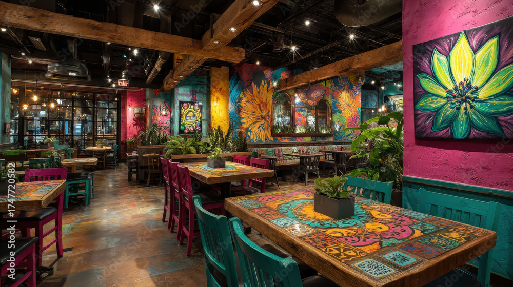 A colorful restaurant with a mural of a flower on the wall. The tables are decorated with colorful tablecloths and the chairs are bright and colorful. The atmosphere is lively and inviting