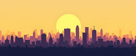 Wall Mural - Cityscape silhouette at sunset with a large sun in the background.