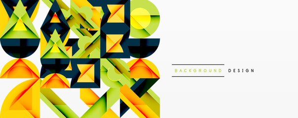 Wall Mural - Abstract geometric shapes overlap, creating vibrant colorful background. Yellow, green, navy dominate design. Minimalist style.