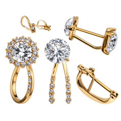 cutout set of wedding engagement diamond and gold earring display, proposal jewelry romantic love present, isolated on transparent png backgrou 