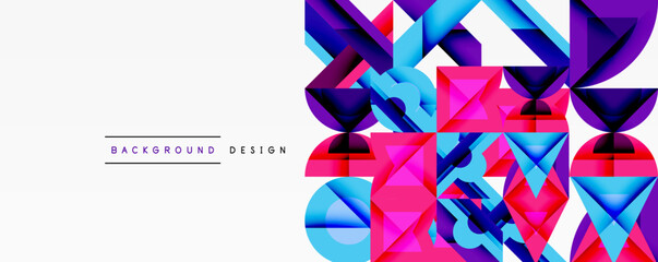 Wall Mural - Abstract geometric shapes, vibrant colors, modern design. Background features pink, blue, purple gradients. Minimalist text present.