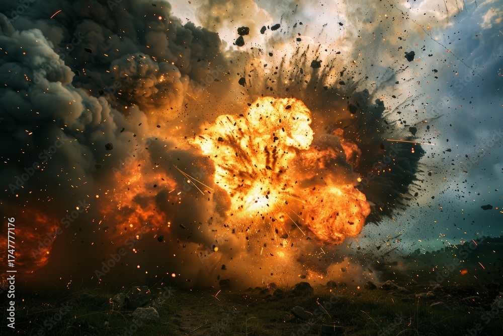Dramatic explosion generating a massive fireball, shockwave, and debris ...