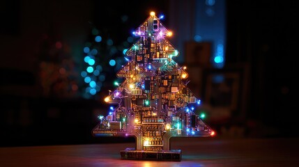 A digital illustration design of a tech-style Christmas tree assembled from modern technology parts.