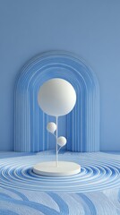 Wall Mural - Modern Abstract Scene with White Sphere and Blue Wavy Background