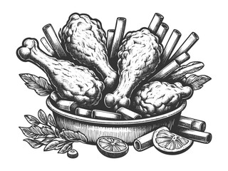 Wall Mural - bowl filled with fried chicken drumsticks and French fries, surrounded by lemon slices and herbs sketch engraving generative ai vector illustration. Scratch board imitation. Black and white image.