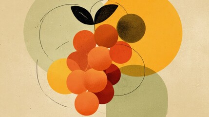 Wall Mural - Abstract Fruit Arrangement with Orange Circles and Green Leaves