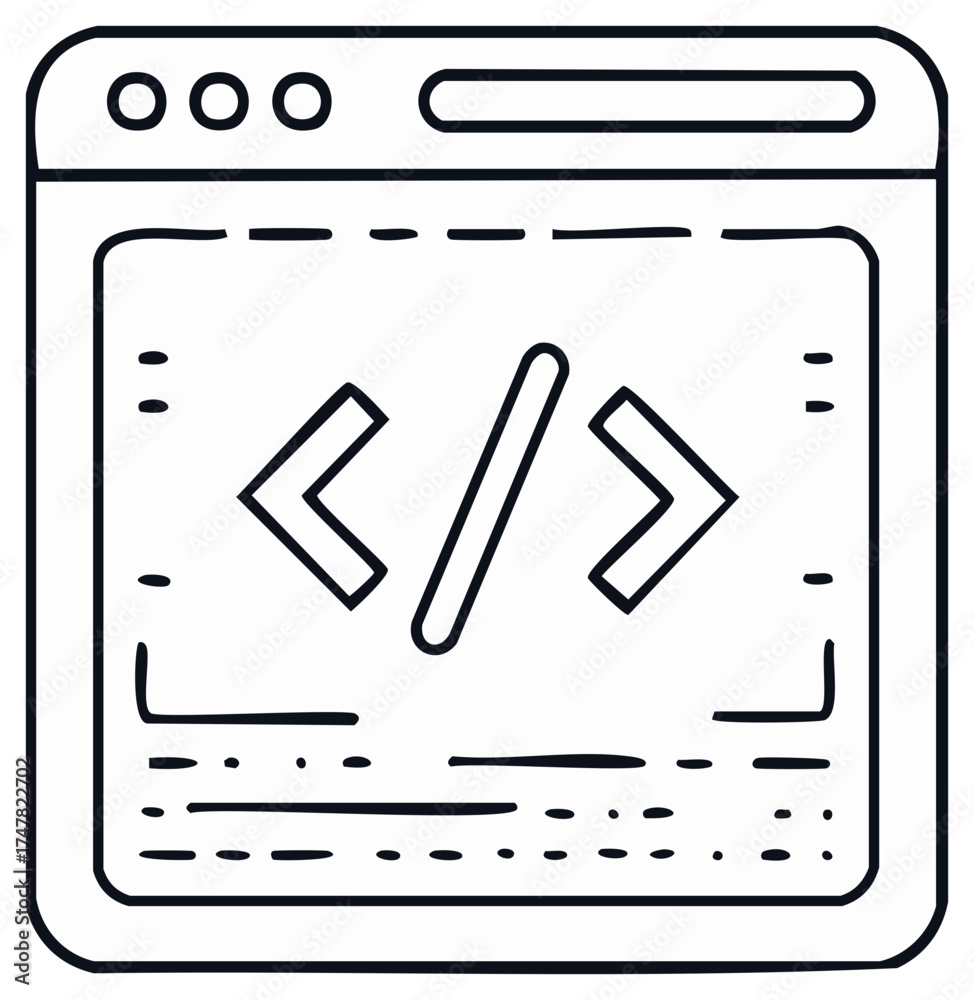 Simple outline graphic of a browser window displaying code symbols ...