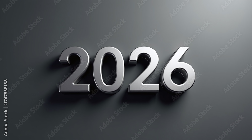 The Year 2026 in Raised Metallic Silver Numbers on a Dark Gray Surface ...