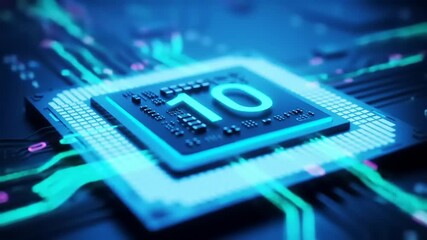 CPU processor with glowing 10 symbol.
