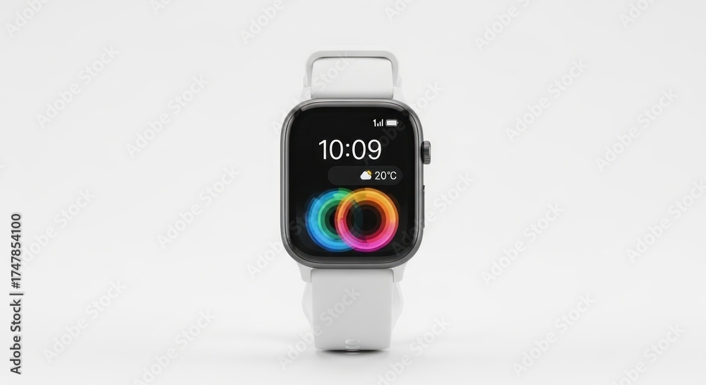 A smart wearable device, centered on a white background. The screen ...