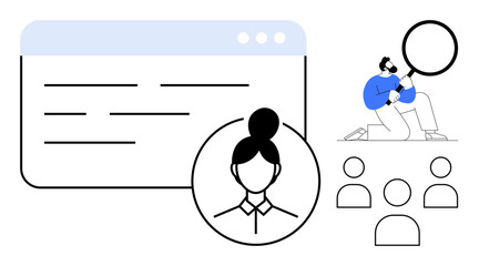 Browser window interface with user avatar, researcher analyzing data with magnifying glass, group of people icons. Ideal for recruitment, HR, teamwork, web design, analytics, strategy leadership