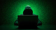 © Pixolia Stock - Hooded figure typing on laptop against green binary code background hacker anonymous