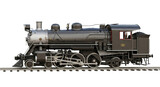 Isolated antique railroad steam locomotive train on tracks, detailed design, black and gray