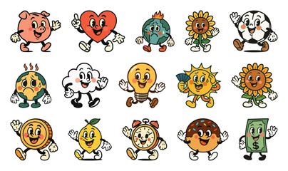 Wall Mural - PNG Colorful vintage cartoon characters, element set on transparent background