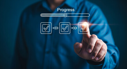 Person touching screen with progress bar and completed checklist items hand finger