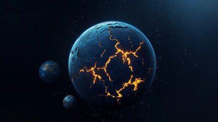Wall Mural - Cracked Blue Planet in Cosmic Space with Orange Veins of Light Across the Globe, Mysterious World