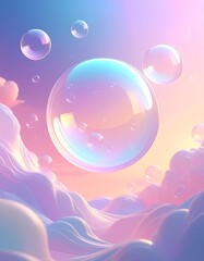 Wall Mural - Bright, abstract blue sky with transparent soap bubbles and sun light passing through clouds