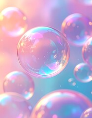 Wall Mural - Bright, abstract blue sky with transparent soap bubbles and sun light passing through clouds