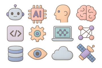 Wall Mural - Colorful 3d technology icons featuring ai, cloud computing, and robotics elements