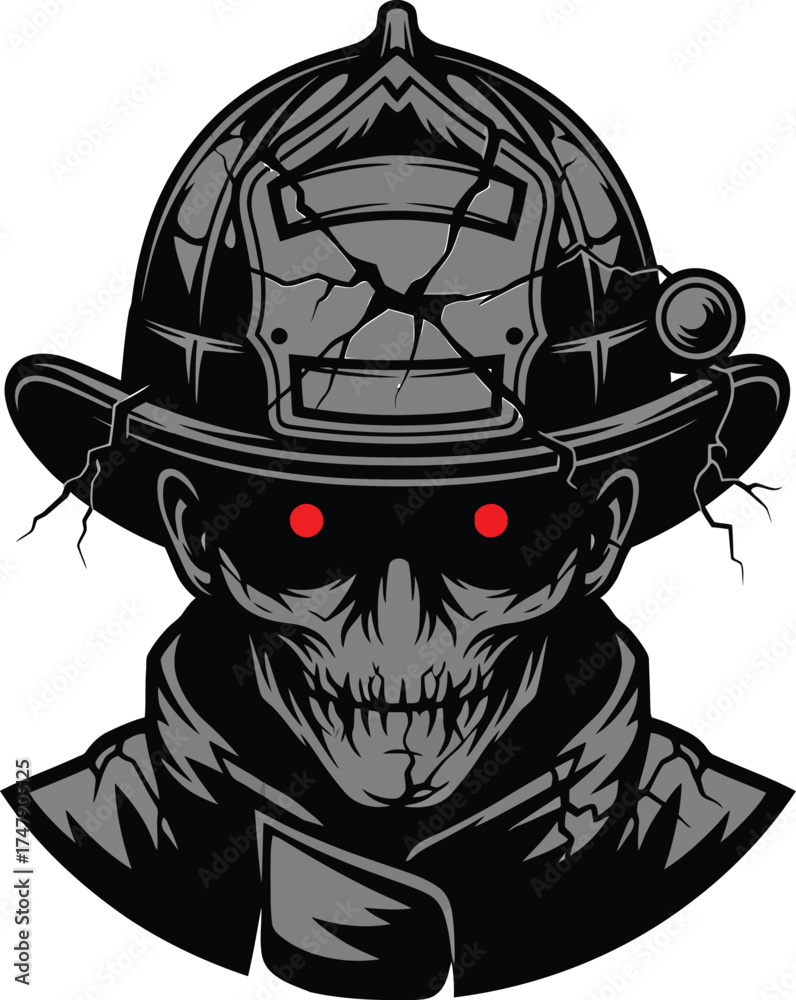 Spooky Firefighter Skull with Cracked Helmet and Glowing Red Eyes ...