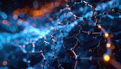 Abstract representation of molecular structures with vibrant blue and orange bokeh background effects