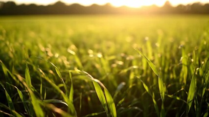 Wall Mural - gentle breeze moving through tall green grass in a sunlit countryside field with a shallow depth of 