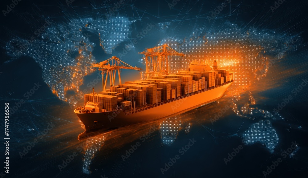 Cargo ship sailing across a world map symbolizes global trade and ...