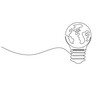 © TiyoSakhi - Continuous one line drawing of earth globe inside lamp bulb. One line drawing illustration of earth and lamp bulb mix. Idea and innovation concept single line. Editable outline