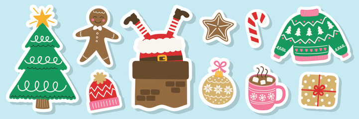 Wall Mural - Set with colourful Christmas stickers. Christmas tree, ball, present, sock, cookie, cup, hat, sweater, gloves. Vector illustration