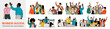 © Creative_Juice_Art - Flat vector illustration set of diverse business teams celebrating success, high-fives, teamwork, victory, motivation, and achievement in modern office scenes, corporate celebration concept