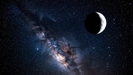 Wall Mural - Mesmerizing timelapse of a rotating starry night sky with the moon subtly eclipsing distant star fields background, stars, speed