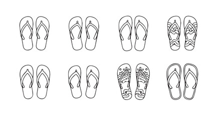 Collection of hand drawn flip flop designs isolated on white for summer beach footwear concepts vector