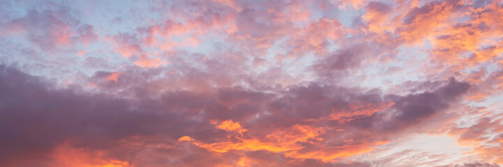 Wall Mural - Beautiful orange sky at sunset with pink clouds, nature panoramic background