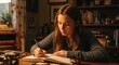 © Meow Creations - Young woman writing in a journal at a cozy desk under warm lamp light, focused and thoughtful.