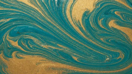 Wall Mural - seamlessly looping video of flowing liquid marble texture in vibrant teal and gold, creating an orga