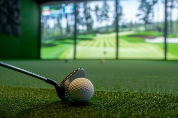 Golf ball and iron club head on green background with LED screen displaying virtual training data, indoor driving range setup, close-up shot.