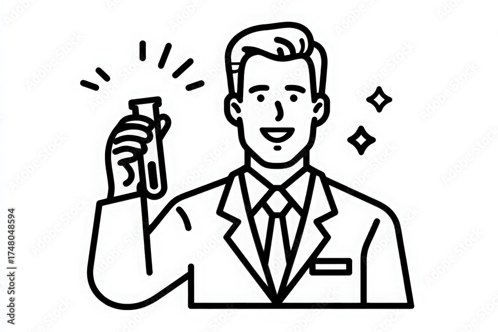 A scientist in a lab coat holds up a test tube with a bright smile. The lab is filled with equipment and tools. This moment captures enthusiasm for scientific discovery.