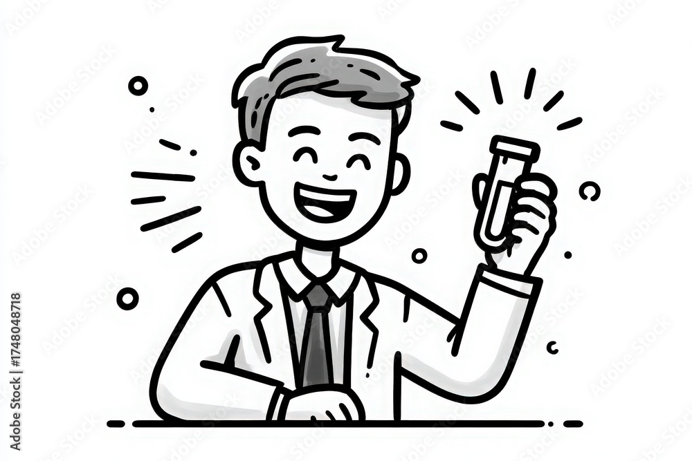 A joyful scientist in a lab coat smiles widely while holding a test tube. The background features celebratory elements, suggesting a successful experiment or discovery.
