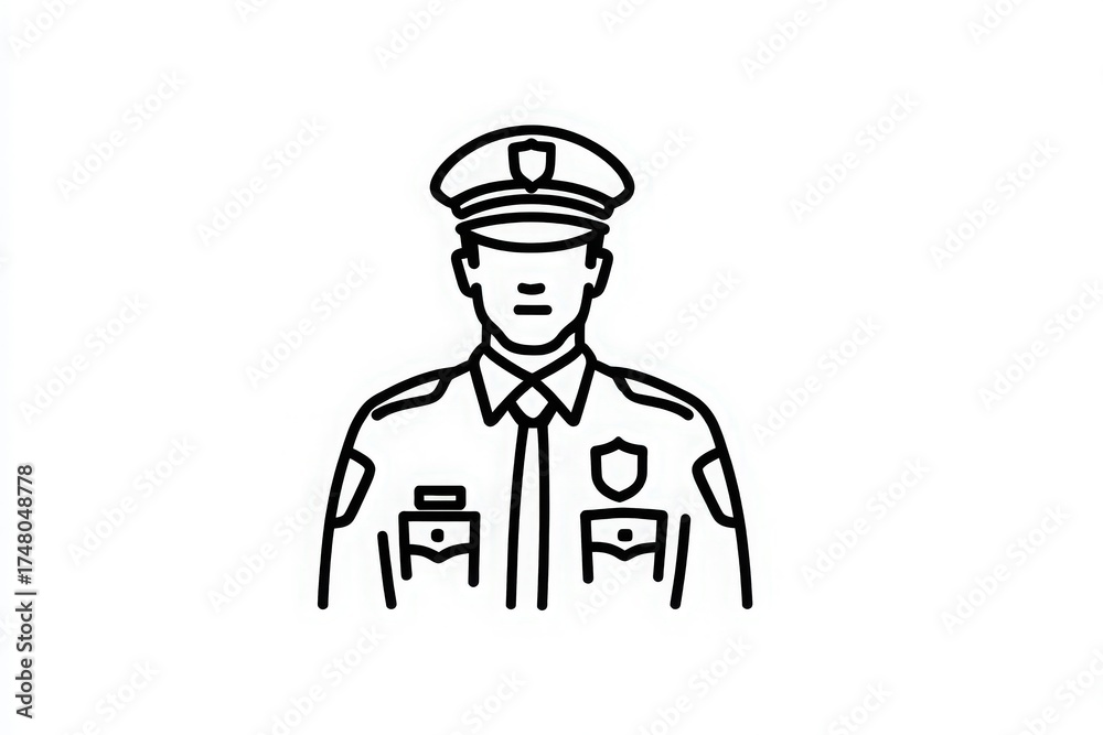 A police officer in a classic uniform stands straight, wearing a hat and badge. The setting is simple and bright, highlighting the figures authority and commitment to safety.