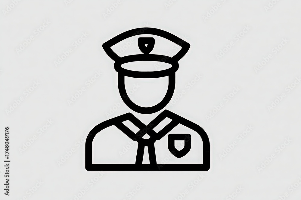 A simple graphic shows a police officer in uniform. The officer is wearing a cap and a badge, representing authority and duty. This design style is clean and straightforward.