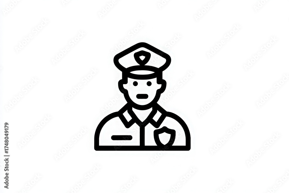 A police officer wearing a uniform and cap stands straight, showing a badge. The setting suggests a professional environment focused on law enforcement and safety.