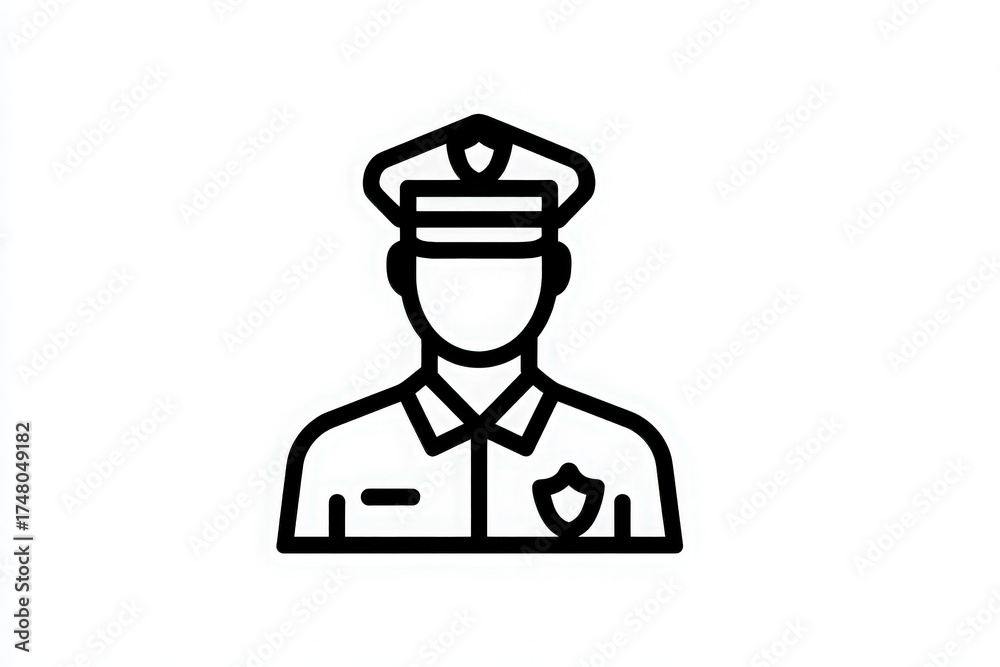 A police officer is depicted in a simple, linear style wearing a uniform and a cap. The officer appears professional, with a badge clearly visible on the chest.